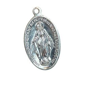 Vintage Oval Silver Miraculous Medal Pendant Virgin Mary Engraving